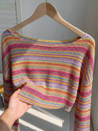 Comfortcana Plus Size Women Casual Striped Cropped T-Shirt,Fall Clothes For Women Colorful Knit Top,Autumn/Winter,Fall Clothes For Women Boho Knit Top Striped Knit Top,Vacation, Summer Knit Top,Slightly Sheer