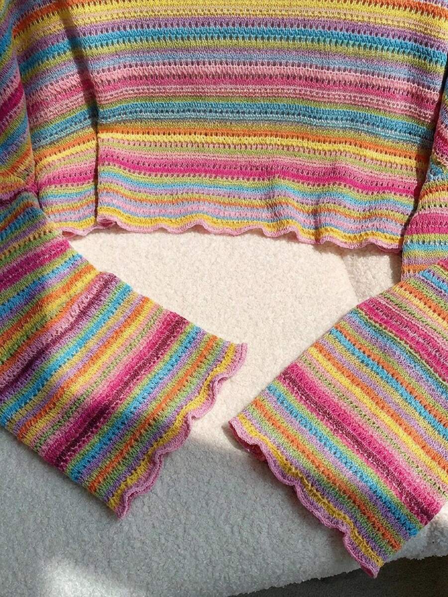 Comfortcana Plus Size Women Casual Striped Cropped T-Shirt,Fall Clothes For Women Colorful Knit Top,Autumn/Winter,Fall Clothes For Women Boho Knit Top Striped Knit Top,Vacation, Summer Knit Top,Slightly Sheer