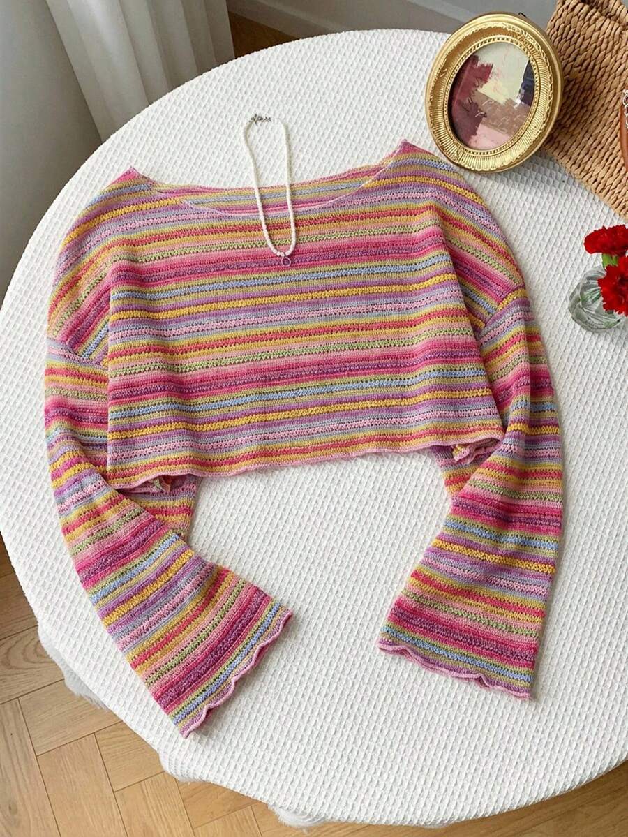 Comfortcana Plus Size Women Casual Striped Cropped T-Shirt,Fall Clothes For Women Colorful Knit Top,Autumn/Winter,Fall Clothes For Women Boho Knit Top Striped Knit Top,Vacation, Summer Knit Top,Slightly Sheer