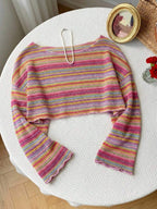 Comfortcana Plus Size Women Casual Striped Cropped T-Shirt,Fall Clothes For Women Colorful Knit Top,Autumn/Winter,Fall Clothes For Women Boho Knit Top Striped Knit Top,Vacation, Summer Knit Top,Slightly Sheer
