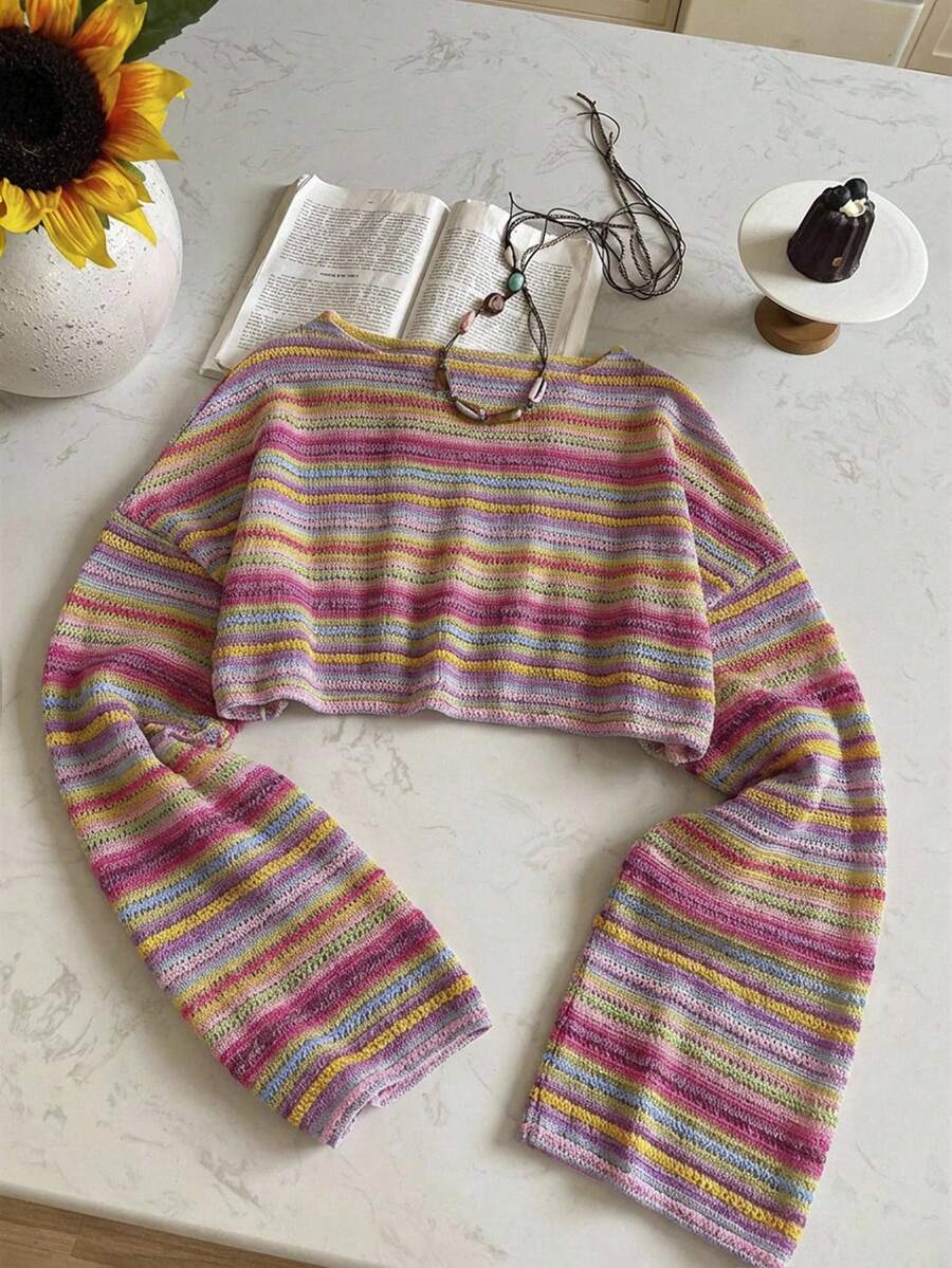 Comfortcana Plus Size Women Casual Striped Cropped T-Shirt,Fall Clothes For Women Colorful Knit Top,Autumn/Winter,Fall Clothes For Women Boho Knit Top Striped Knit Top,Vacation, Summer Knit Top,Slightly Sheer