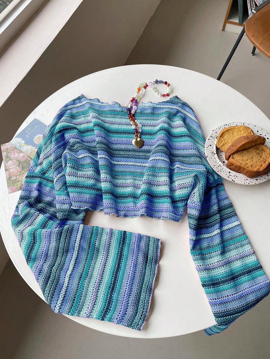 Comfortcana Plus Size Women Casual Striped Cropped T-Shirt,Fall Clothes For Women Colorful Knit Top,Autumn/Winter,Fall Clothes For Women Boho Knit Top Striped Knit Top,Vacation, Summer Knit Top,Slightly Sheer