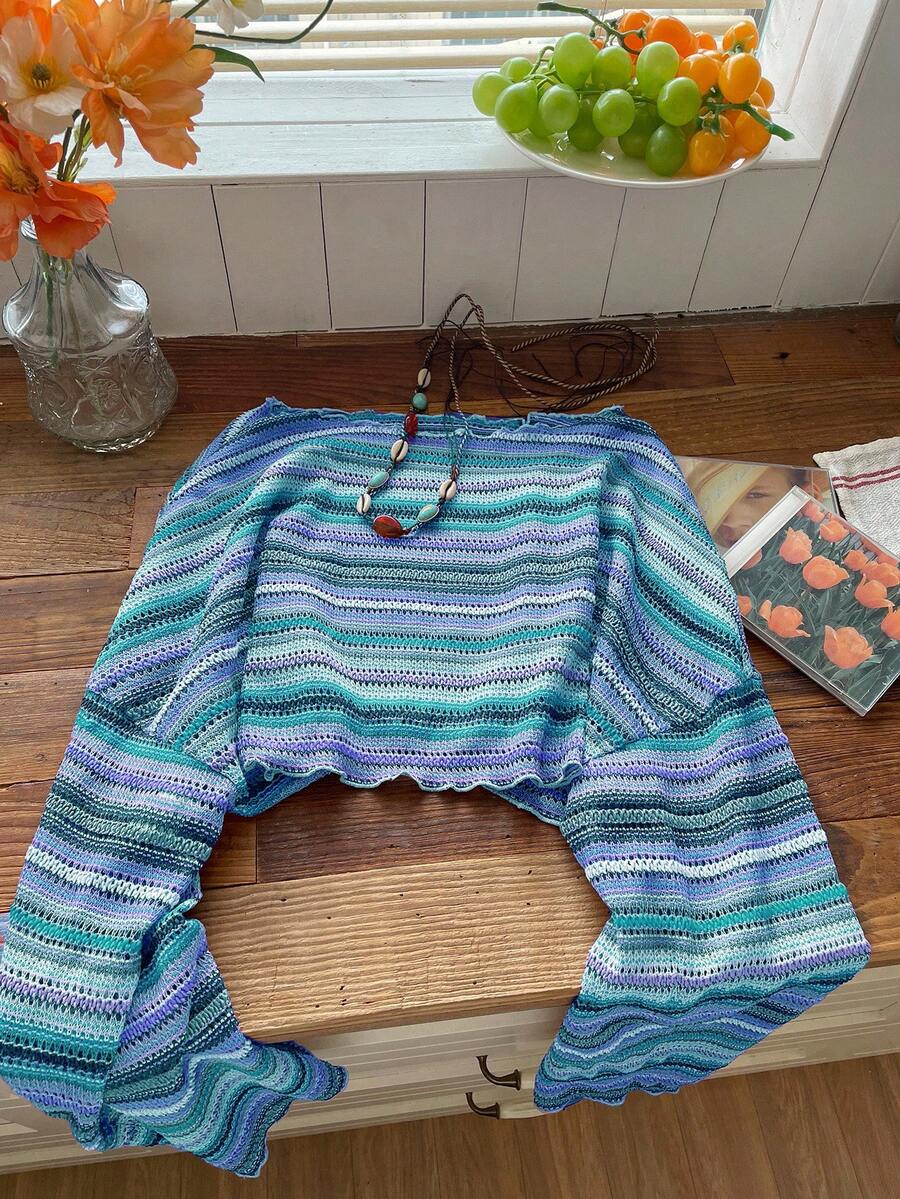 Comfortcana Plus Size Women Casual Striped Cropped T-Shirt,Fall Clothes For Women Colorful Knit Top,Autumn/Winter,Fall Clothes For Women Boho Knit Top Striped Knit Top,Vacation, Summer Knit Top,Slightly Sheer