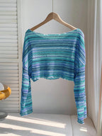 Comfortcana Plus Size Women Casual Striped Cropped T-Shirt,Fall Clothes For Women Colorful Knit Top,Autumn/Winter,Fall Clothes For Women Boho Knit Top Striped Knit Top,Vacation, Summer Knit Top,Slightly Sheer