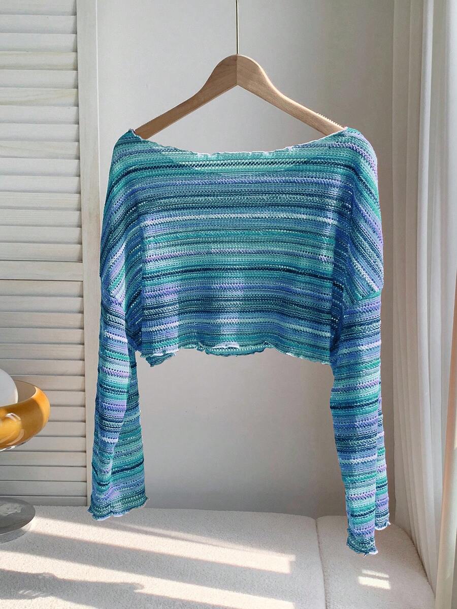 Comfortcana Plus Size Women Casual Striped Cropped T-Shirt,Fall Clothes For Women Colorful Knit Top,Autumn/Winter,Fall Clothes For Women Boho Knit Top Striped Knit Top,Vacation, Summer Knit Top,Slightly Sheer