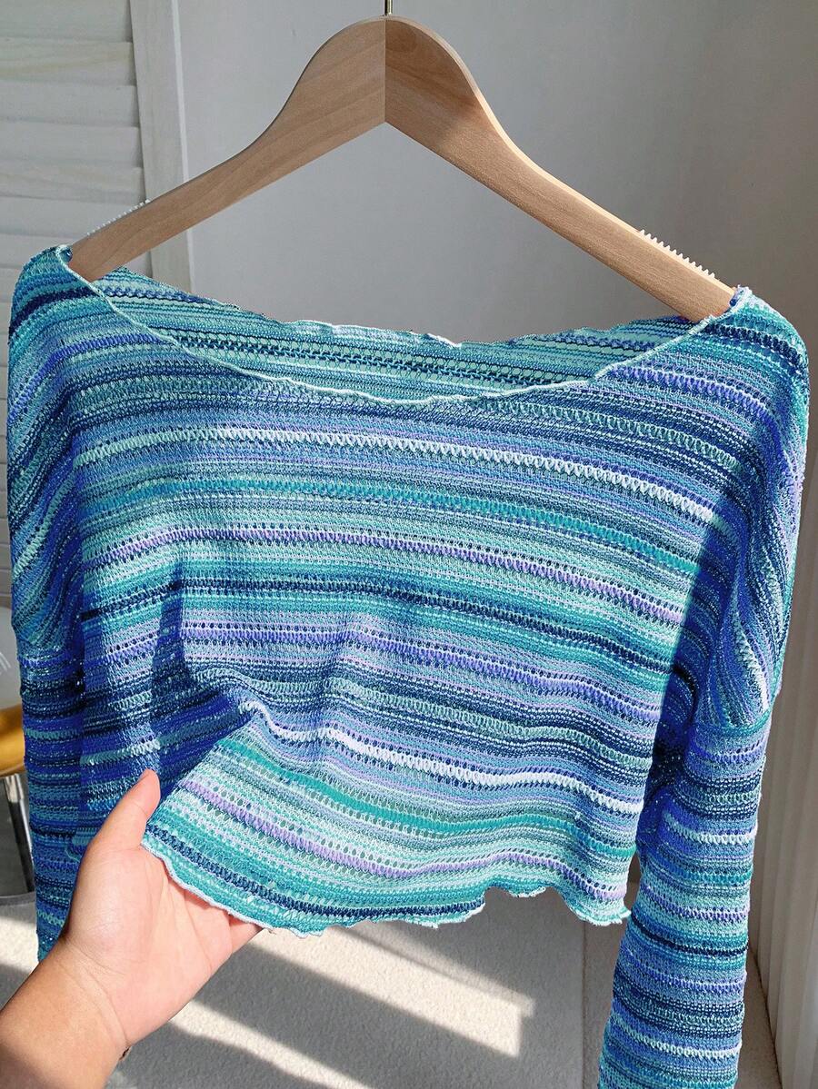 Comfortcana Plus Size Women Casual Striped Cropped T-Shirt,Fall Clothes For Women Colorful Knit Top,Autumn/Winter,Fall Clothes For Women Boho Knit Top Striped Knit Top,Vacation, Summer Knit Top,Slightly Sheer