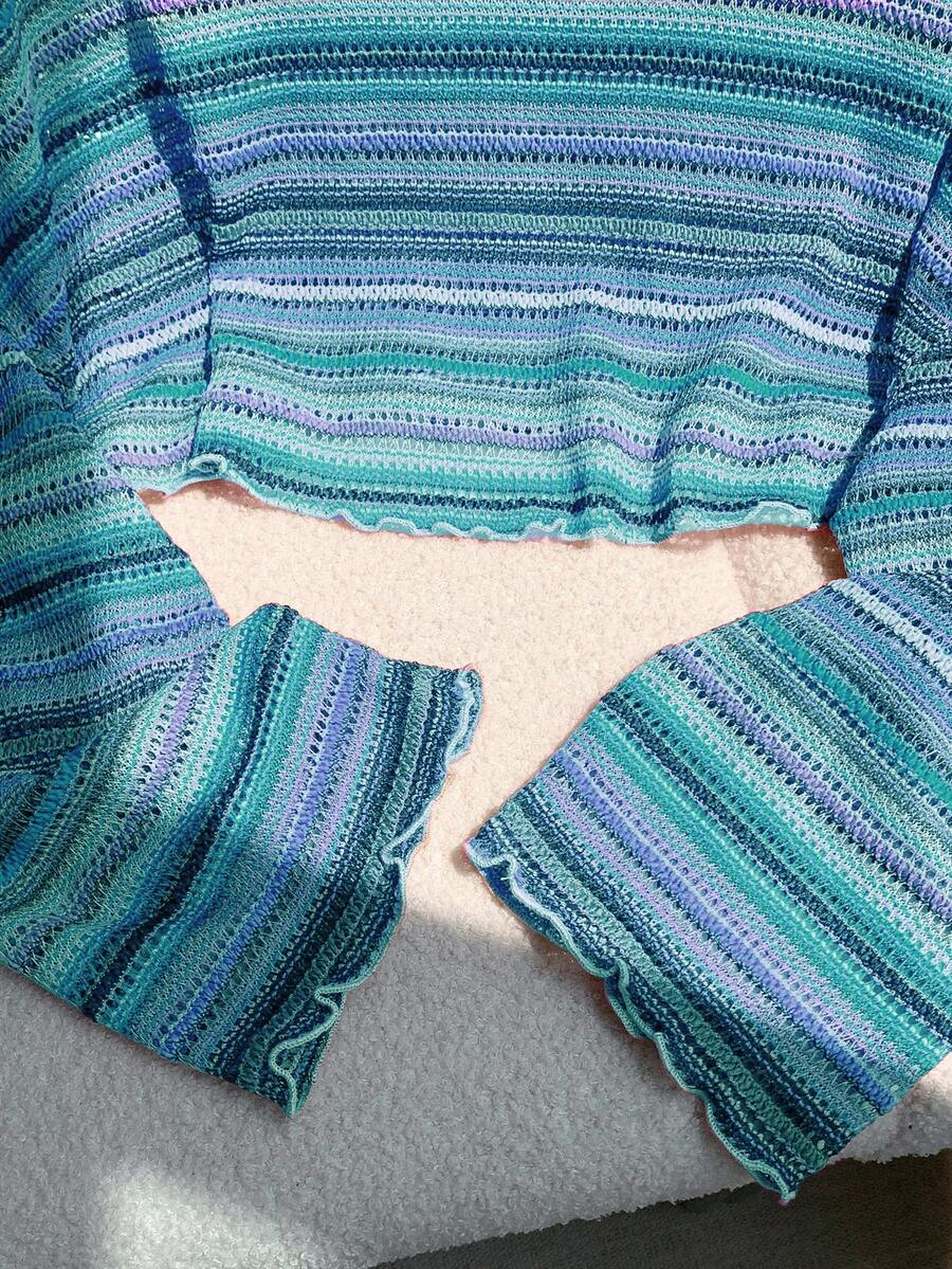 Comfortcana Plus Size Women Casual Striped Cropped T-Shirt,Fall Clothes For Women Colorful Knit Top,Autumn/Winter,Fall Clothes For Women Boho Knit Top Striped Knit Top,Vacation, Summer Knit Top,Slightly Sheer