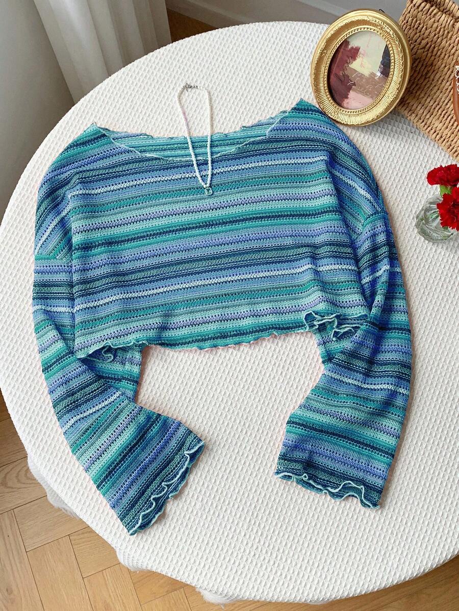 Comfortcana Plus Size Women Casual Striped Cropped T-Shirt,Fall Clothes For Women Colorful Knit Top,Autumn/Winter,Fall Clothes For Women Boho Knit Top Striped Knit Top,Vacation, Summer Knit Top,Slightly Sheer