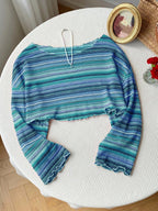 Comfortcana Plus Size Women Casual Striped Cropped T-Shirt,Fall Clothes For Women Colorful Knit Top,Autumn/Winter,Fall Clothes For Women Boho Knit Top Striped Knit Top,Vacation, Summer Knit Top,Slightly Sheer