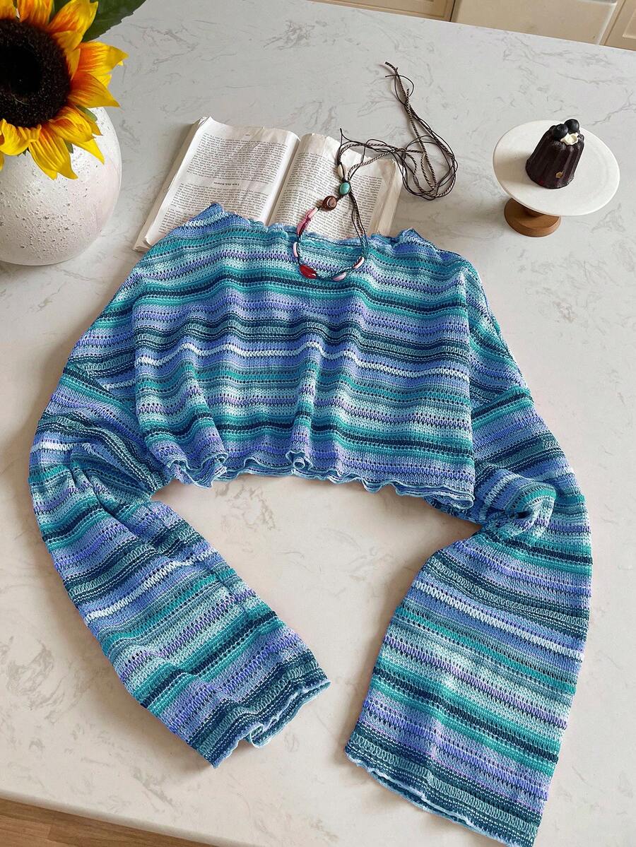 Comfortcana Plus Size Women Casual Striped Cropped T-Shirt,Fall Clothes For Women Colorful Knit Top,Autumn/Winter,Fall Clothes For Women Boho Knit Top Striped Knit Top,Vacation, Summer Knit Top,Slightly Sheer