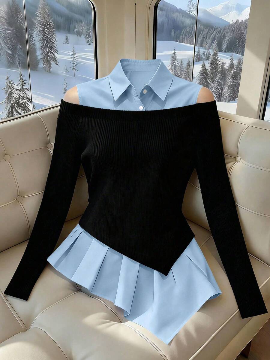 Franclia Women's French-Style Minimalist Fashion Irregular Faux Two-Piece Off-Shoulder PLOL Collar Long-Sleeved Classic Black And White Color-Blocked New Women's Top, Black And White Color-Blocked Shirtwinter For Women,Christmas,New Year ,White For New Year's Eve,Party,Beach,Elegant,Casual,Casual For Women,Romance, Valentine's Day, Dating,Graduation Season Attire, Fashionable Casual Commuter Wear, Business Office Wear, Versatile And Stylish Everyday Casual Wear, Urban Teacher's Professional Attire