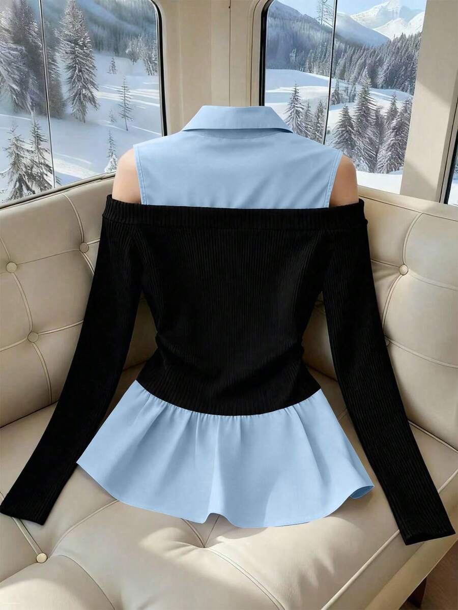 Franclia Women's French-Style Minimalist Fashion Irregular Faux Two-Piece Off-Shoulder PLOL Collar Long-Sleeved Classic Black And White Color-Blocked New Women's Top, Black And White Color-Blocked Shirtwinter For Women,Christmas,New Year ,White For New Year's Eve,Party,Beach,Elegant,Casual,Casual For Women,Romance, Valentine's Day, Dating,Graduation Season Attire, Fashionable Casual Commuter Wear, Business Office Wear, Versatile And Stylish Everyday Casual Wear, Urban Teacher's Professional Attire
