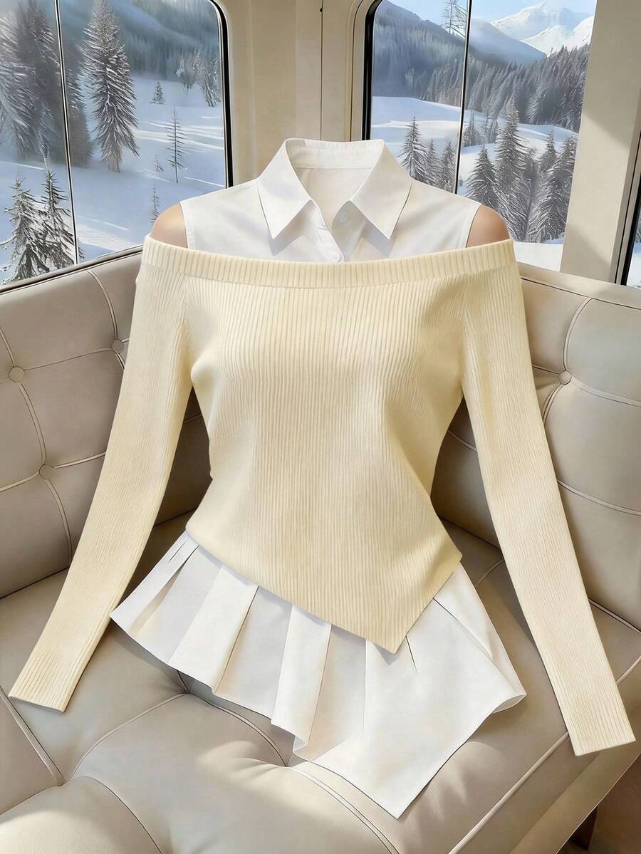 Franclia Women's French-Style Minimalist Fashion Irregular Faux Two-Piece Off-Shoulder PLOL Collar Long-Sleeved Classic Black And White Color-Blocked New Women's Top, Black And White Color-Blocked Shirtwinter For Women,Christmas,New Year ,White For New Year's Eve,Party,Beach,Elegant,Casual,Casual For Women,Romance, Valentine's Day, Dating,Graduation Season Attire, Fashionable Casual Commuter Wear, Business Office Wear, Versatile And Stylish Everyday Casual Wear, Urban Teacher's Professional Attire