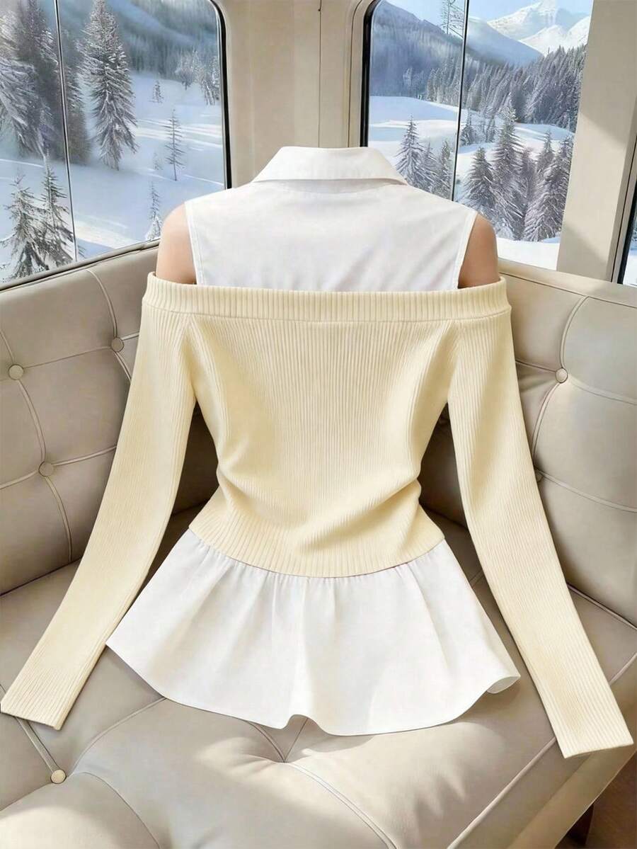 Franclia Women's French-Style Minimalist Fashion Irregular Faux Two-Piece Off-Shoulder PLOL Collar Long-Sleeved Classic Black And White Color-Blocked New Women's Top, Black And White Color-Blocked Shirtwinter For Women,Christmas,New Year ,White For New Year's Eve,Party,Beach,Elegant,Casual,Casual For Women,Romance, Valentine's Day, Dating,Graduation Season Attire, Fashionable Casual Commuter Wear, Business Office Wear, Versatile And Stylish Everyday Casual Wear, Urban Teacher's Professional Attire