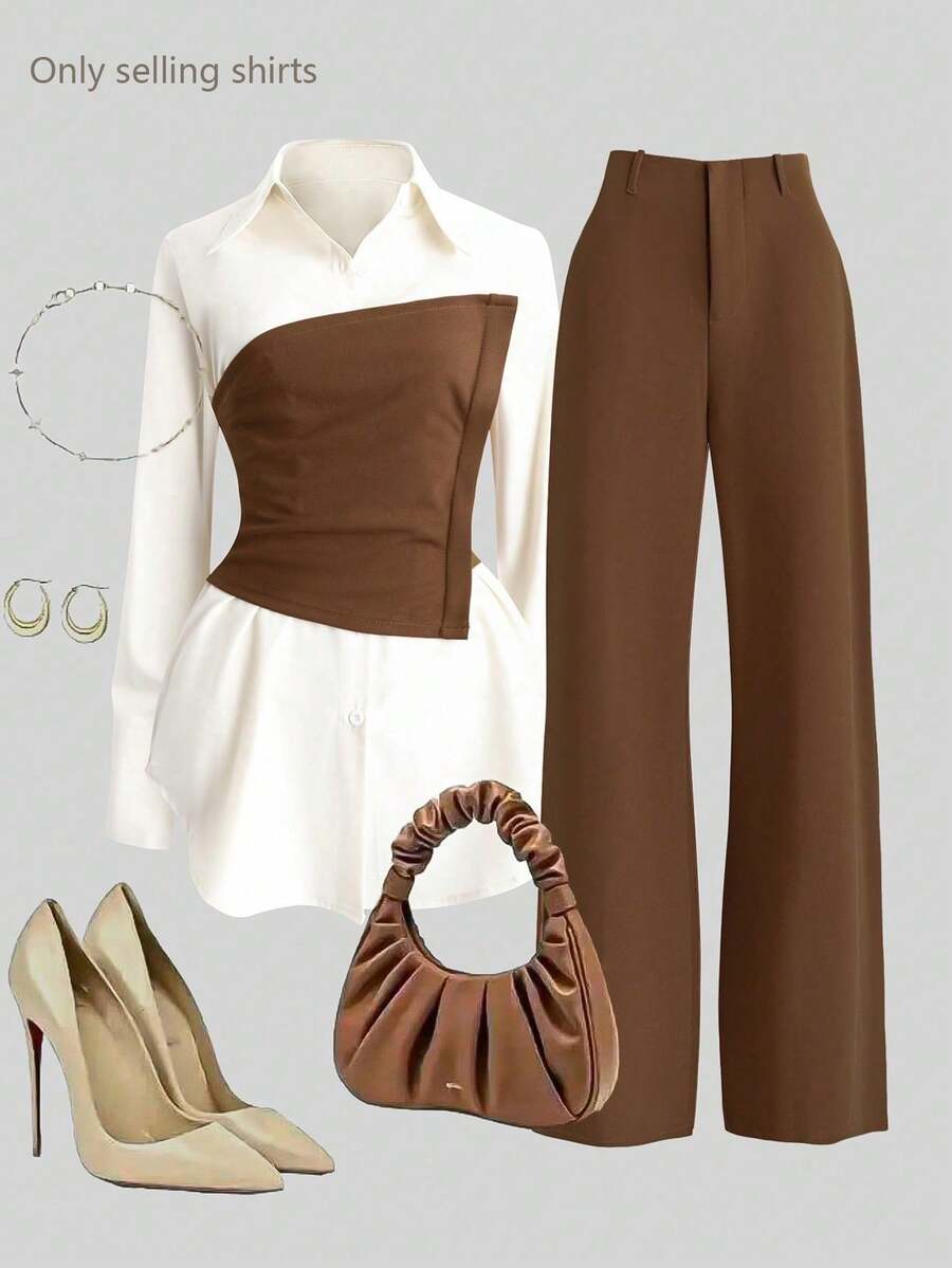 Franclia Women's 2 In 1 Elegant Patchwork Casual Long Sleeve Shirt Work Outfits Business Casual Woman Set Brown Outfit Work Outfit Office Outfit