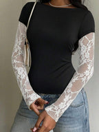 CovetEZ 95% Cotton Women's Black Lace Patchwork Long Sleeve Knitted Top – Bohemian Casual Summer Western Festival Island Girl Vintage Seaside Vacation Romantic Vacay Vibes Spring Break Cute Home Soft Girl Clean Girl Vacation Beach Cruise Boho Music Festival Concert Wedding Guest City Trip Holiday Wear Elegant Spring Summer