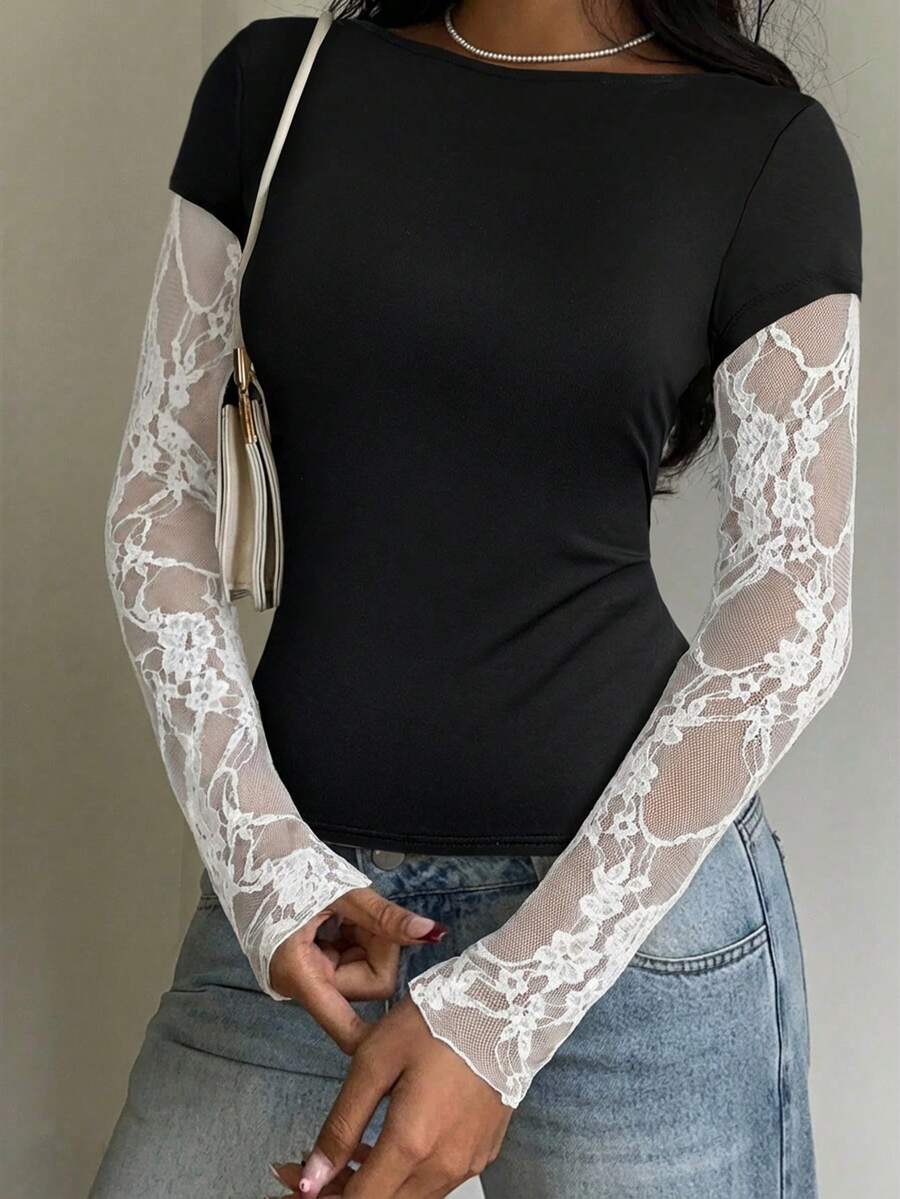 CovetEZ 95% Cotton Women's Black Lace Patchwork Long Sleeve Knitted Top – Bohemian Casual Summer Western Festival Island Girl Vintage Seaside Vacation Romantic Vacay Vibes Spring Break Cute Home Soft Girl Clean Girl Vacation Beach Cruise Boho Music Festival Concert Wedding Guest City Trip Holiday Wear Elegant Spring Summer