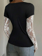 CovetEZ 95% Cotton Women's Black Lace Patchwork Long Sleeve Knitted Top – Bohemian Casual Summer Western Festival Island Girl Vintage Seaside Vacation Romantic Vacay Vibes Spring Break Cute Home Soft Girl Clean Girl Vacation Beach Cruise Boho Music Festival Concert Wedding Guest City Trip Holiday Wear Elegant Spring Summer