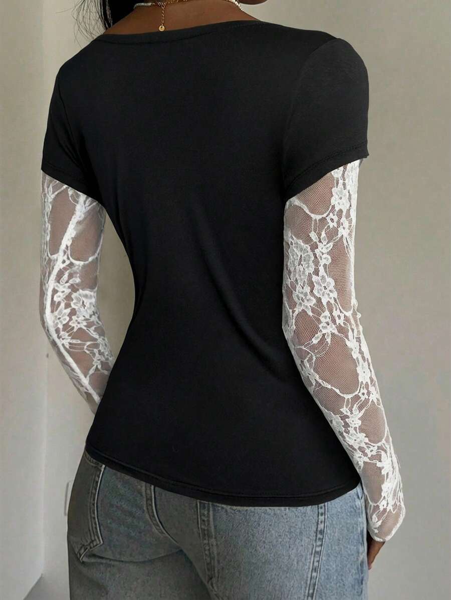 CovetEZ 95% Cotton Women's Black Lace Patchwork Long Sleeve Knitted Top – Bohemian Casual Summer Western Festival Island Girl Vintage Seaside Vacation Romantic Vacay Vibes Spring Break Cute Home Soft Girl Clean Girl Vacation Beach Cruise Boho Music Festival Concert Wedding Guest City Trip Holiday Wear Elegant Spring Summer