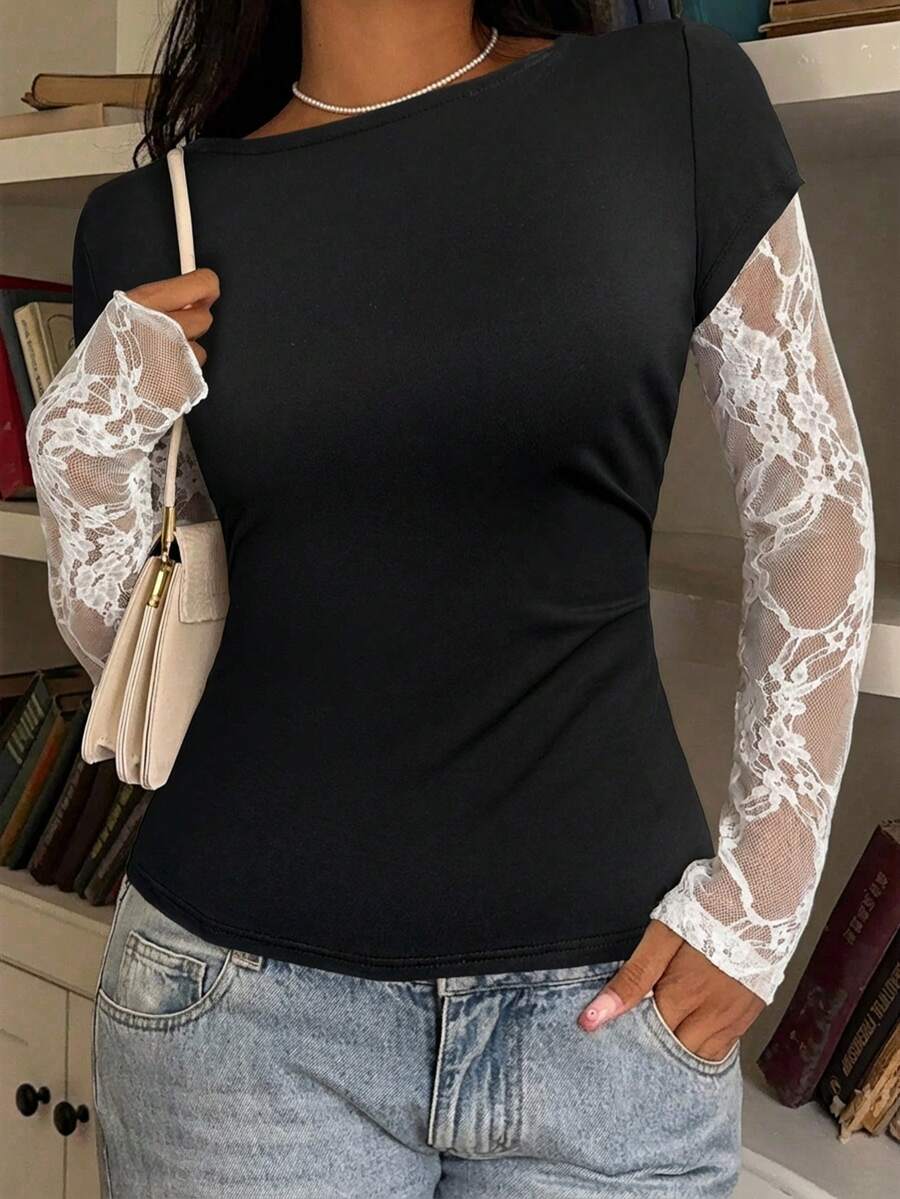 CovetEZ 95% Cotton Women's Black Lace Patchwork Long Sleeve Knitted Top – Bohemian Casual Summer Western Festival Island Girl Vintage Seaside Vacation Romantic Vacay Vibes Spring Break Cute Home Soft Girl Clean Girl Vacation Beach Cruise Boho Music Festival Concert Wedding Guest City Trip Holiday Wear Elegant Spring Summer