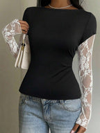 CovetEZ 95% Cotton Women's Black Lace Patchwork Long Sleeve Knitted Top – Bohemian Casual Summer Western Festival Island Girl Vintage Seaside Vacation Romantic Vacay Vibes Spring Break Cute Home Soft Girl Clean Girl Vacation Beach Cruise Boho Music Festival Concert Wedding Guest City Trip Holiday Wear Elegant Spring Summer