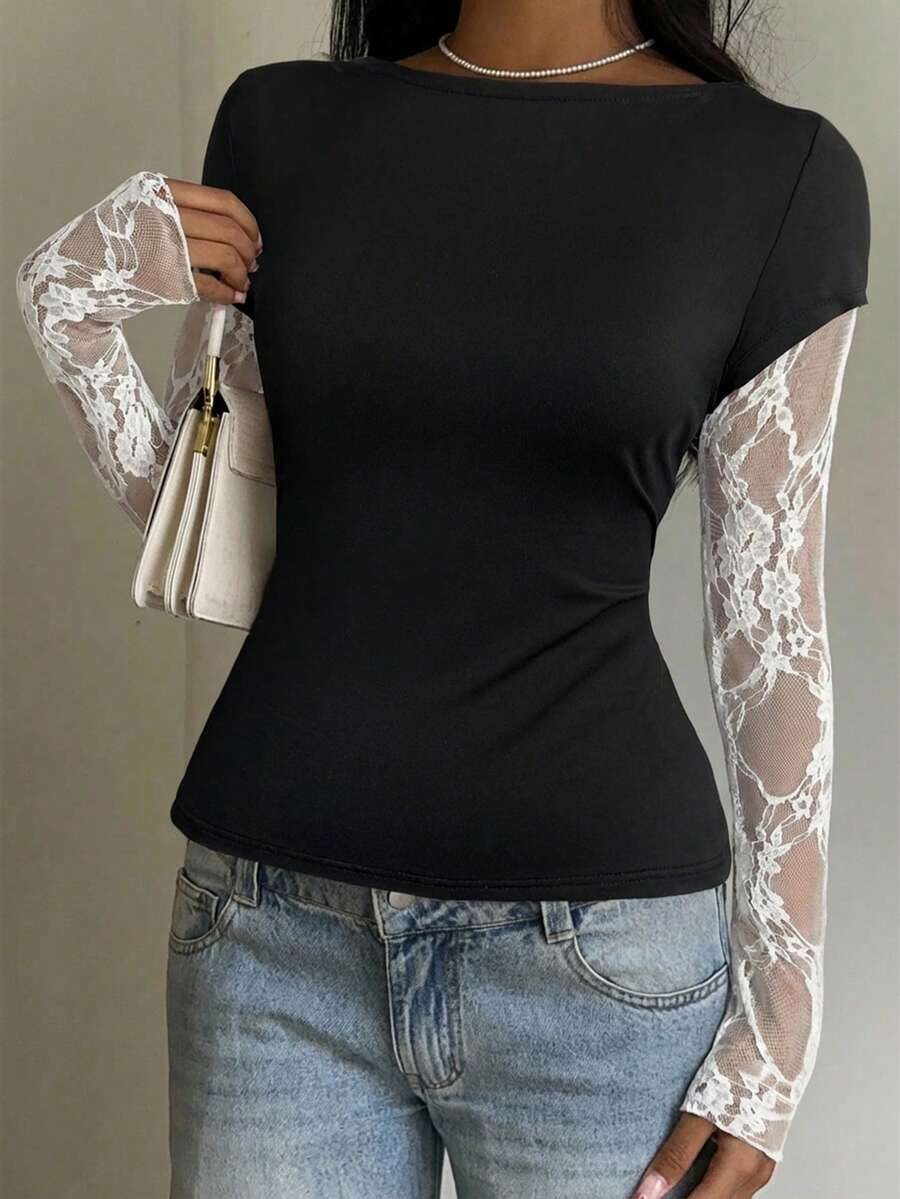 CovetEZ 95% Cotton Women's Black Lace Patchwork Long Sleeve Knitted Top – Bohemian Casual Summer Western Festival Island Girl Vintage Seaside Vacation Romantic Vacay Vibes Spring Break Cute Home Soft Girl Clean Girl Vacation Beach Cruise Boho Music Festival Concert Wedding Guest City Trip Holiday Wear Elegant Spring Summer