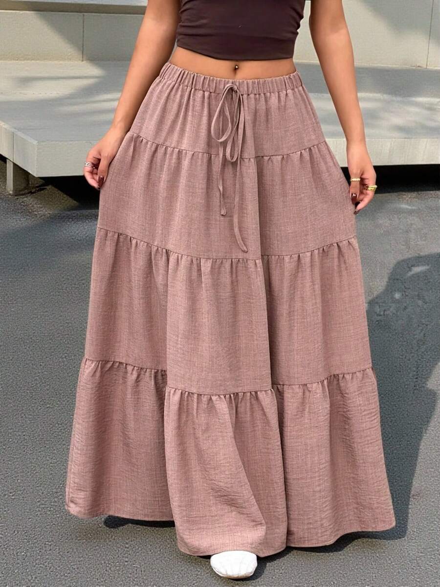 MainGRL Women Solid Color High Waist Tie Ruffled Hem Maxi Skirt