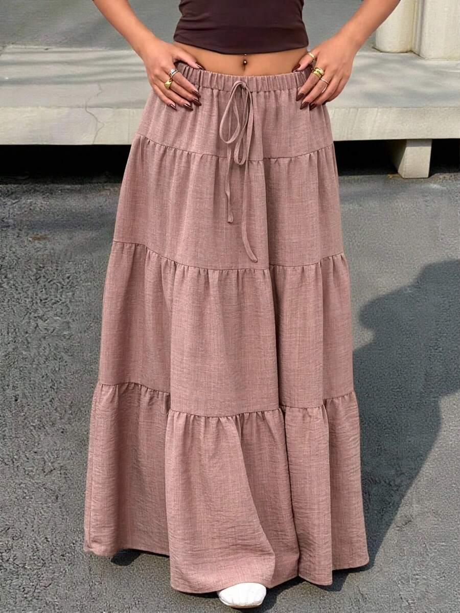 MainGRL Women Solid Color High Waist Tie Ruffled Hem Maxi Skirt