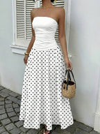 MainGRL Women's Polka Dot Print Waist Cinched Bandeau Dress, Vacation Style,Dresses For Women Casual Sun Dress Long Brown Long Dress Brown Sundress Brown Maxi Dress Brown Polka Dot Dress