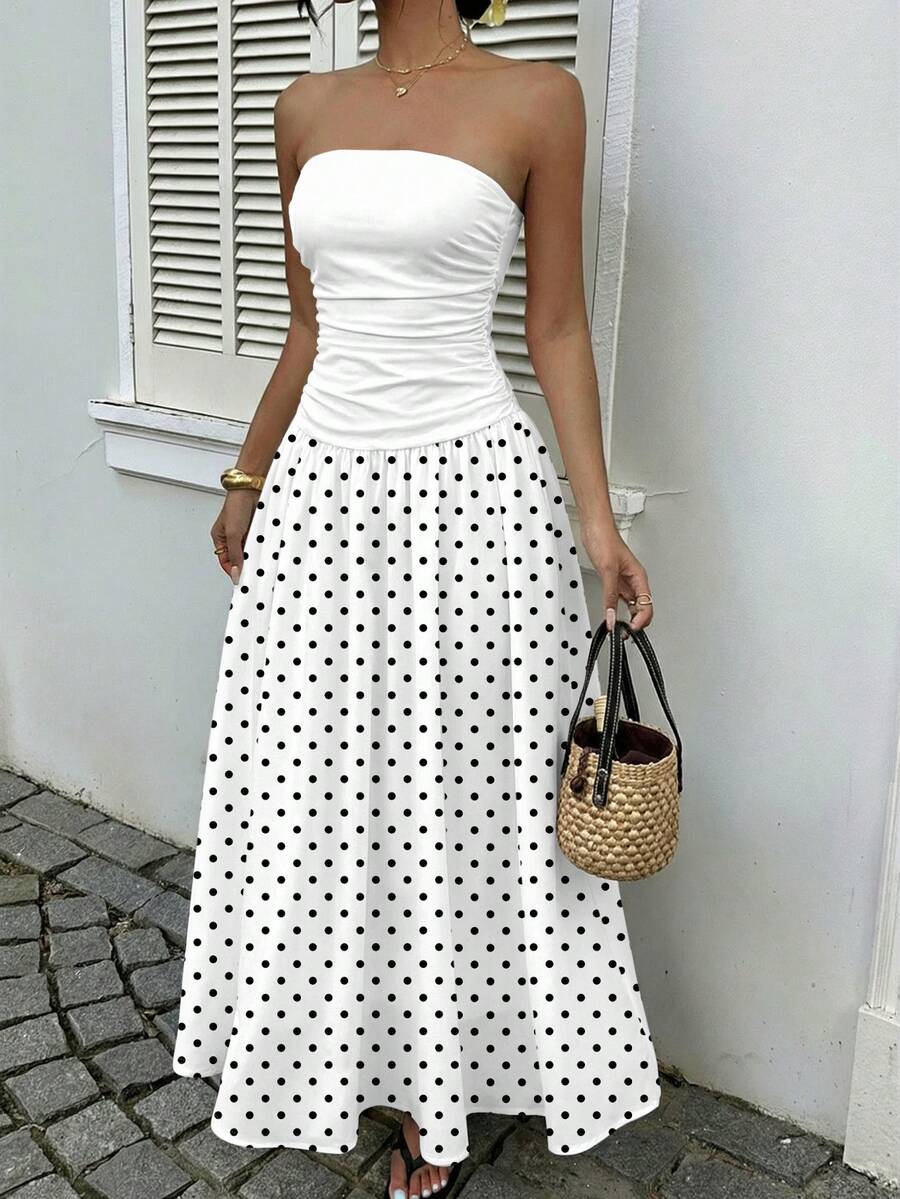 MainGRL Women's Polka Dot Print Waist Cinched Bandeau Dress, Vacation Style,Dresses For Women Casual Sun Dress Long Brown Long Dress Brown Sundress Brown Maxi Dress Brown Polka Dot Dress
