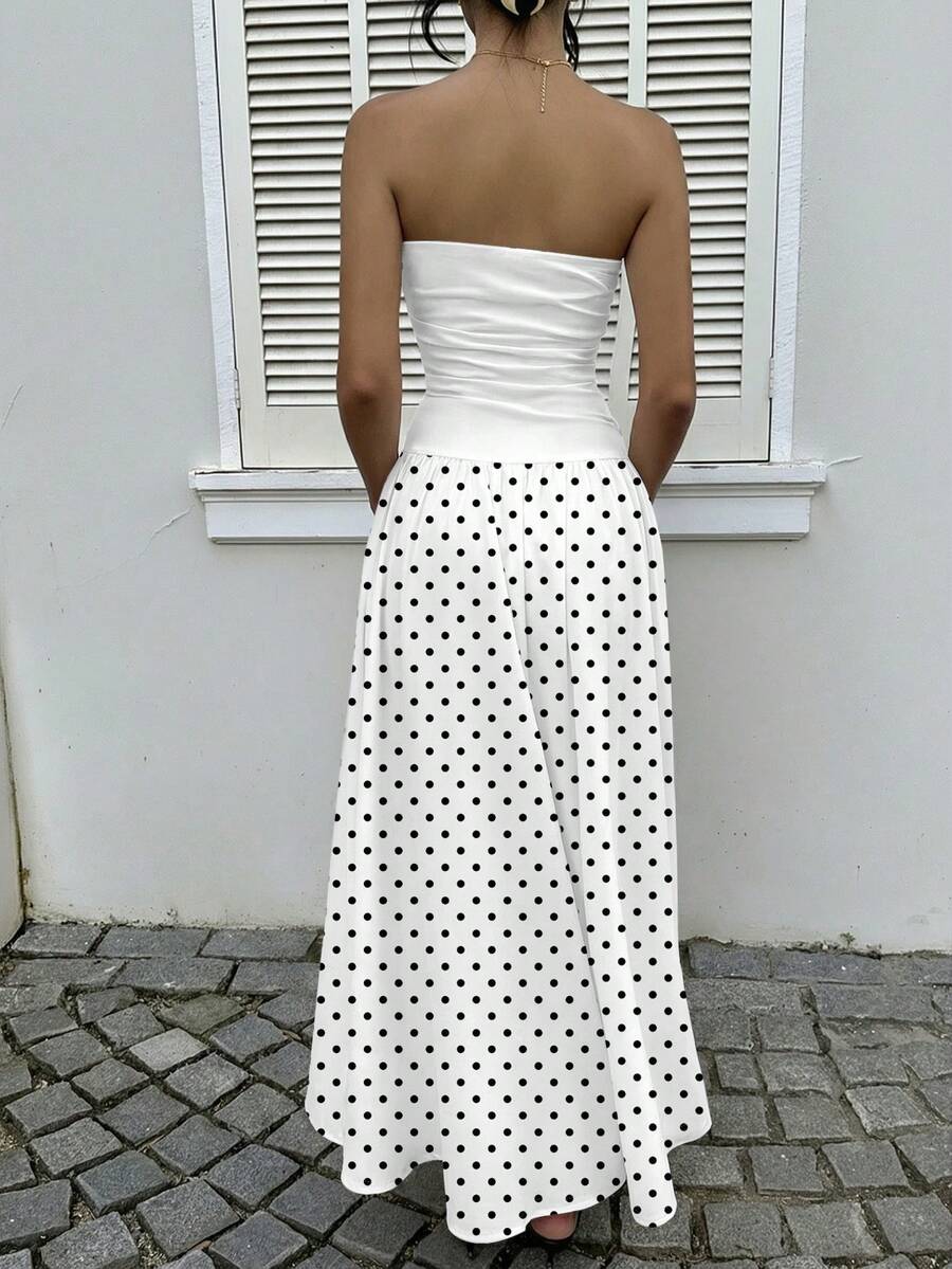 MainGRL Women's Polka Dot Print Waist Cinched Bandeau Dress, Vacation Style,Dresses For Women Casual Sun Dress Long Brown Long Dress Brown Sundress Brown Maxi Dress Brown Polka Dot Dress