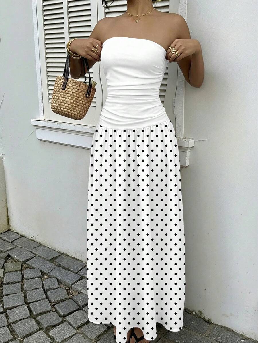 MainGRL Women's Polka Dot Print Waist Cinched Bandeau Dress, Vacation Style,Dresses For Women Casual Sun Dress Long Brown Long Dress Brown Sundress Brown Maxi Dress Brown Polka Dot Dress