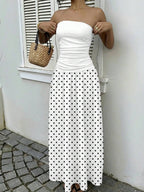 MainGRL Women's Polka Dot Print Waist Cinched Bandeau Dress, Vacation Style,Dresses For Women Casual Sun Dress Long Brown Long Dress Brown Sundress Brown Maxi Dress Brown Polka Dot Dress