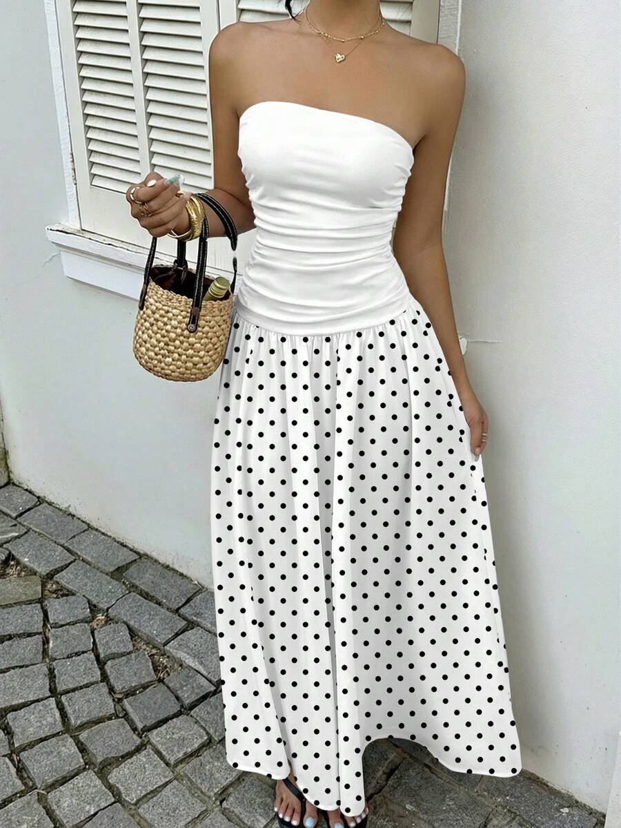 MainGRL Women's Polka Dot Print Waist Cinched Bandeau Dress, Vacation Style,Dresses For Women Casual Sun Dress Long Brown Long Dress Brown Sundress Brown Maxi Dress Brown Polka Dot Dress