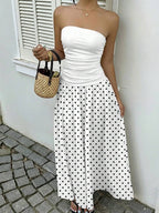 MainGRL Women's Polka Dot Print Waist Cinched Bandeau Dress, Vacation Style,Dresses For Women Casual Sun Dress Long Brown Long Dress Brown Sundress Brown Maxi Dress Brown Polka Dot Dress