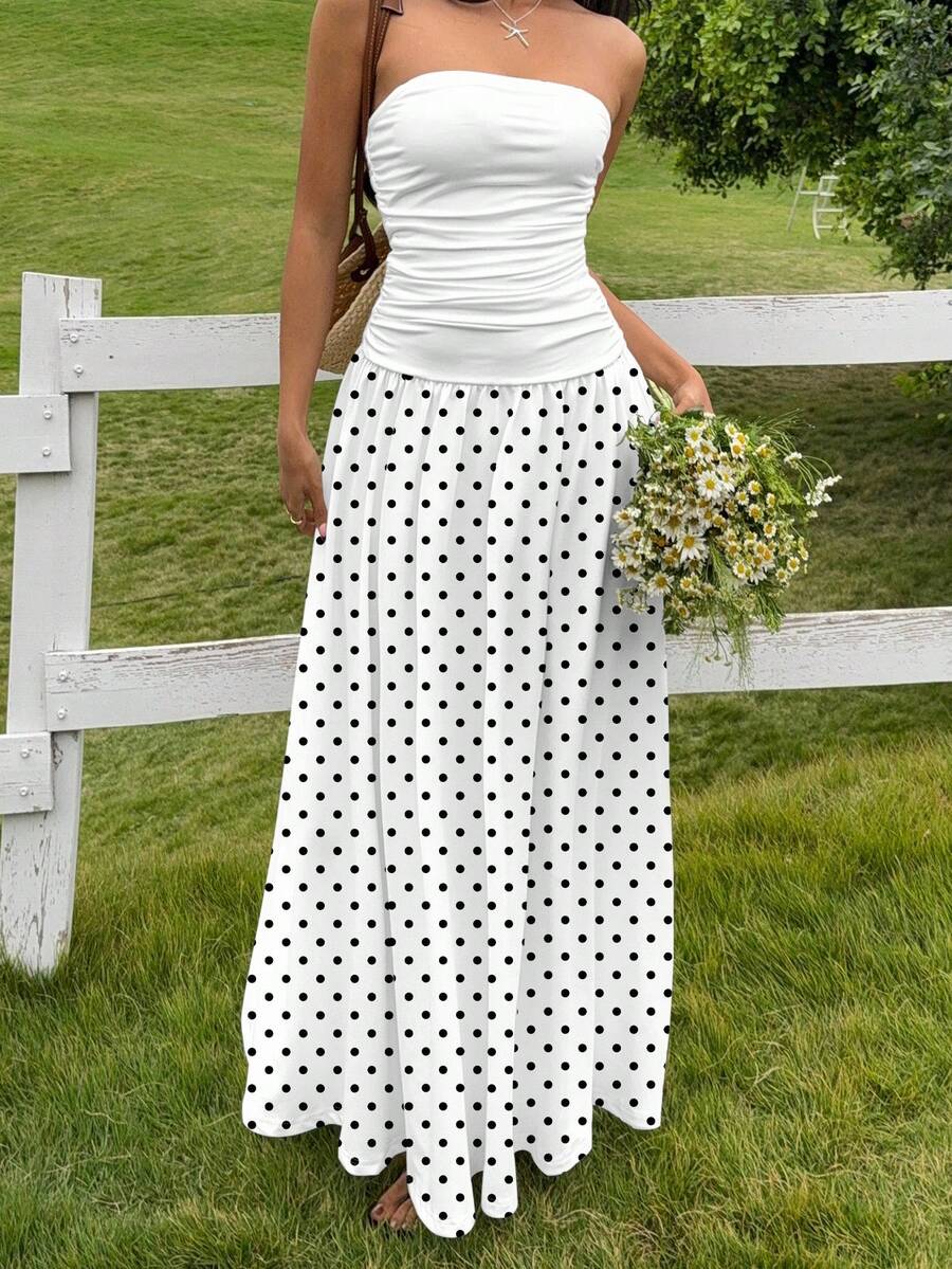 MainGRL Women's Polka Dot Print Waist Cinched Bandeau Dress, Vacation Style,Dresses For Women Casual Sun Dress Long Brown Long Dress Brown Sundress Brown Maxi Dress Brown Polka Dot Dress