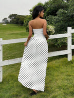 MainGRL Women's Polka Dot Print Waist Cinched Bandeau Dress, Vacation Style,Dresses For Women Casual Sun Dress Long Brown Long Dress Brown Sundress Brown Maxi Dress Brown Polka Dot Dress
