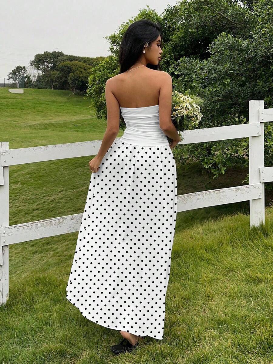 MainGRL Women's Polka Dot Print Waist Cinched Bandeau Dress, Vacation Style,Dresses For Women Casual Sun Dress Long Brown Long Dress Brown Sundress Brown Maxi Dress Brown Polka Dot Dress
