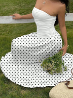 MainGRL Women's Polka Dot Print Waist Cinched Bandeau Dress, Vacation Style,Dresses For Women Casual Sun Dress Long Brown Long Dress Brown Sundress Brown Maxi Dress Brown Polka Dot Dress