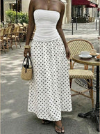 MainGRL Women's Polka Dot Print Waist Cinched Bandeau Dress, Vacation Style,Dresses For Women Casual Sun Dress Long Brown Long Dress Brown Sundress Brown Maxi Dress Brown Polka Dot Dress