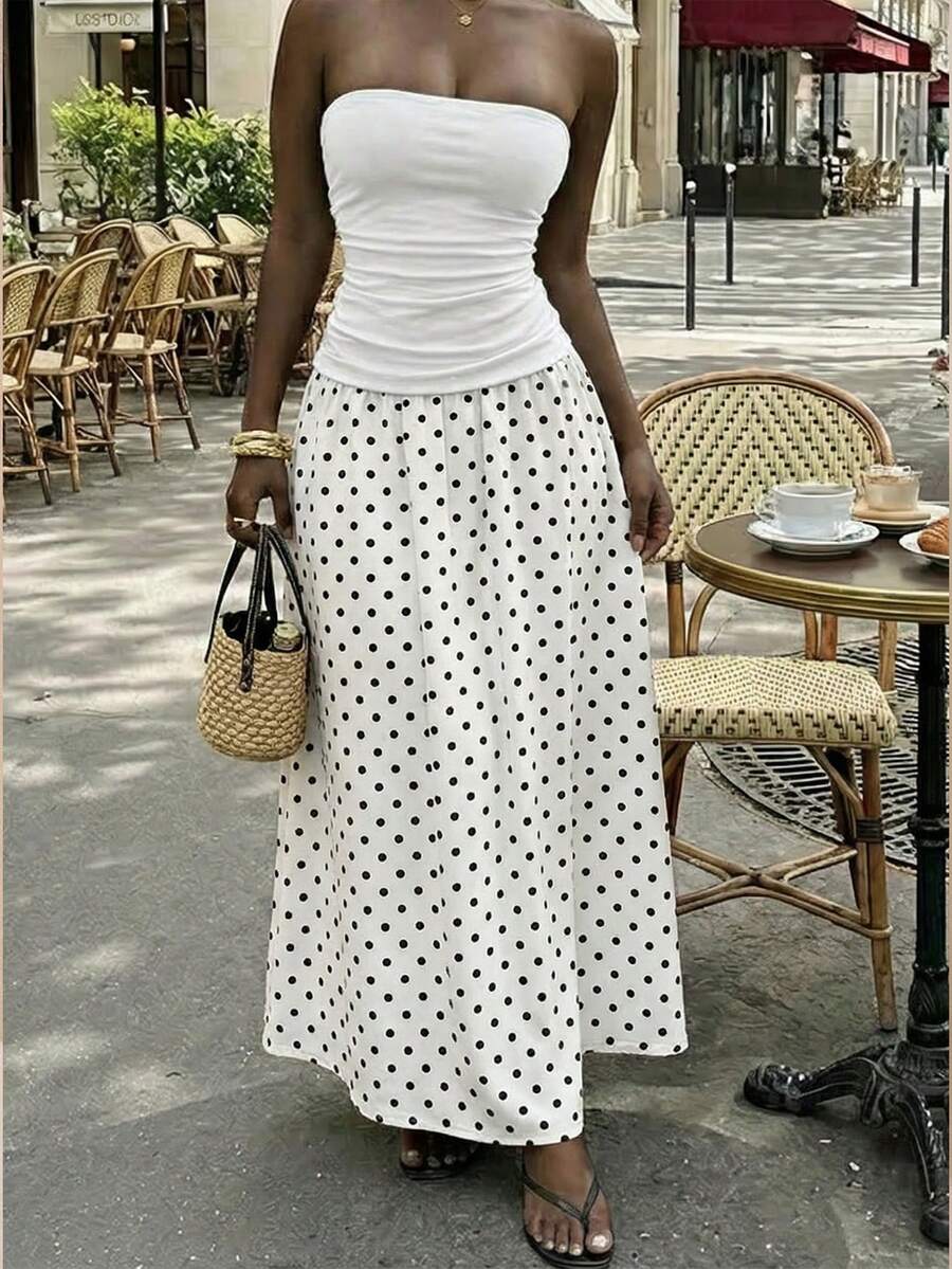 MainGRL Women's Polka Dot Print Waist Cinched Bandeau Dress, Vacation Style,Dresses For Women Casual Sun Dress Long Brown Long Dress Brown Sundress Brown Maxi Dress Brown Polka Dot Dress