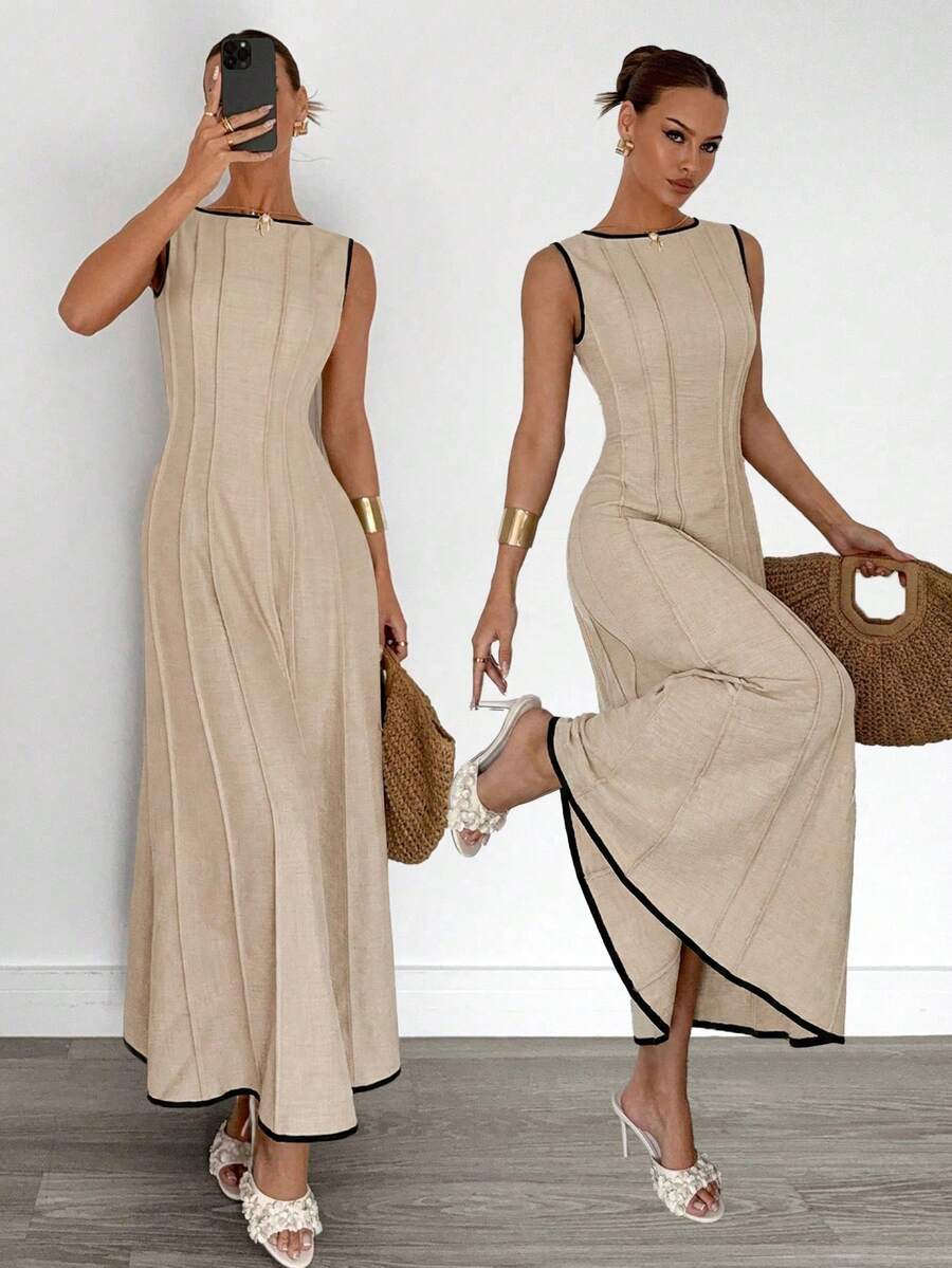 Siren Gaze New  Linen Long Dress For Women, Split Pleated Waist A-Line Dress, Elegant Long Dress, Sun Dresses For Women Holiday Wear, Imitation Linen Flowing Long Dress, Business Casual Women's Wear,Fall Women Clothes Party Summer
