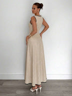 Siren Gaze New  Linen Long Dress For Women, Split Pleated Waist A-Line Dress, Elegant Long Dress, Sun Dresses For Women Holiday Wear, Imitation Linen Flowing Long Dress, Business Casual Women's Wear,Fall Women Clothes Party Summer