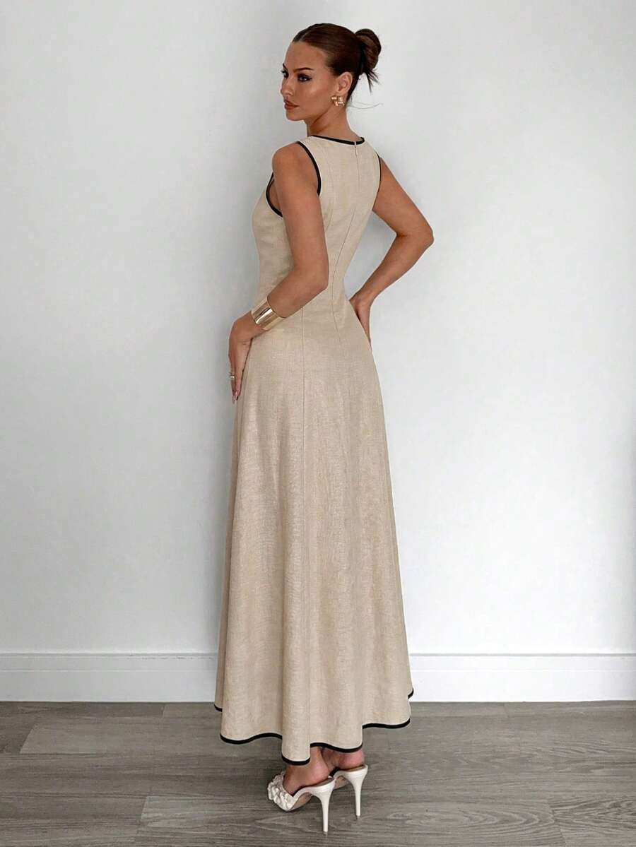 Siren Gaze New  Linen Long Dress For Women, Split Pleated Waist A-Line Dress, Elegant Long Dress, Sun Dresses For Women Holiday Wear, Imitation Linen Flowing Long Dress, Business Casual Women's Wear,Fall Women Clothes Party Summer