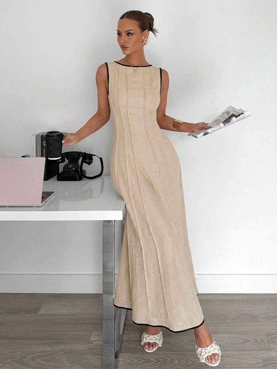 Siren Gaze New  Linen Long Dress For Women, Split Pleated Waist A-Line Dress, Elegant Long Dress, Sun Dresses For Women Holiday Wear, Imitation Linen Flowing Long Dress, Business Casual Women's Wear,Fall Women Clothes Party Summer