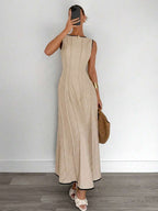 Siren Gaze New  Linen Long Dress For Women, Split Pleated Waist A-Line Dress, Elegant Long Dress, Sun Dresses For Women Holiday Wear, Imitation Linen Flowing Long Dress, Business Casual Women's Wear,Fall Women Clothes Party Summer