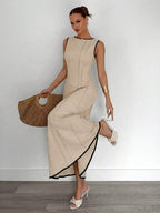 Siren Gaze New  Linen Long Dress For Women, Split Pleated Waist A-Line Dress, Elegant Long Dress, Sun Dresses For Women Holiday Wear, Imitation Linen Flowing Long Dress, Business Casual Women's Wear,Fall Women Clothes Party Summer