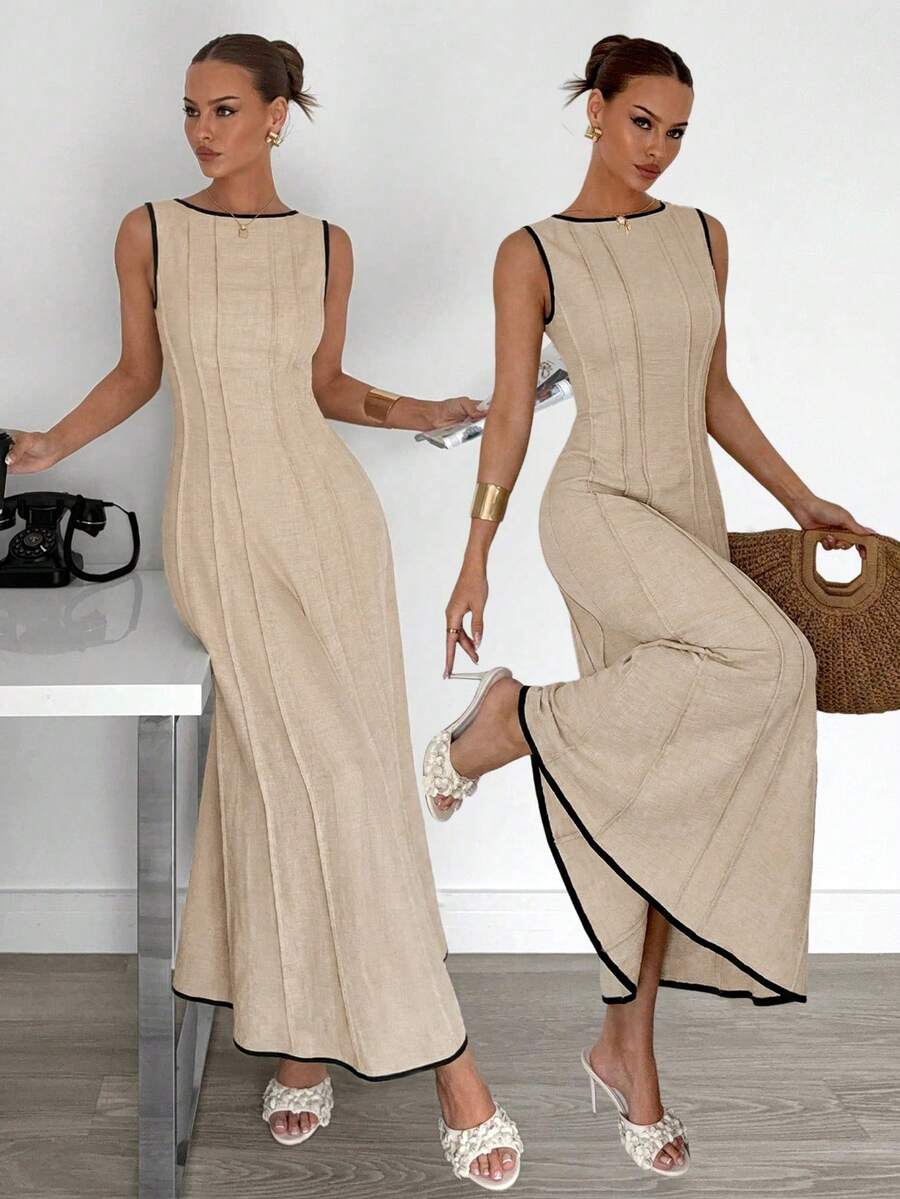 Siren Gaze New  Linen Long Dress For Women, Split Pleated Waist A-Line Dress, Elegant Long Dress, Sun Dresses For Women Holiday Wear, Imitation Linen Flowing Long Dress, Business Casual Women's Wear,Fall Women Clothes Party Summer