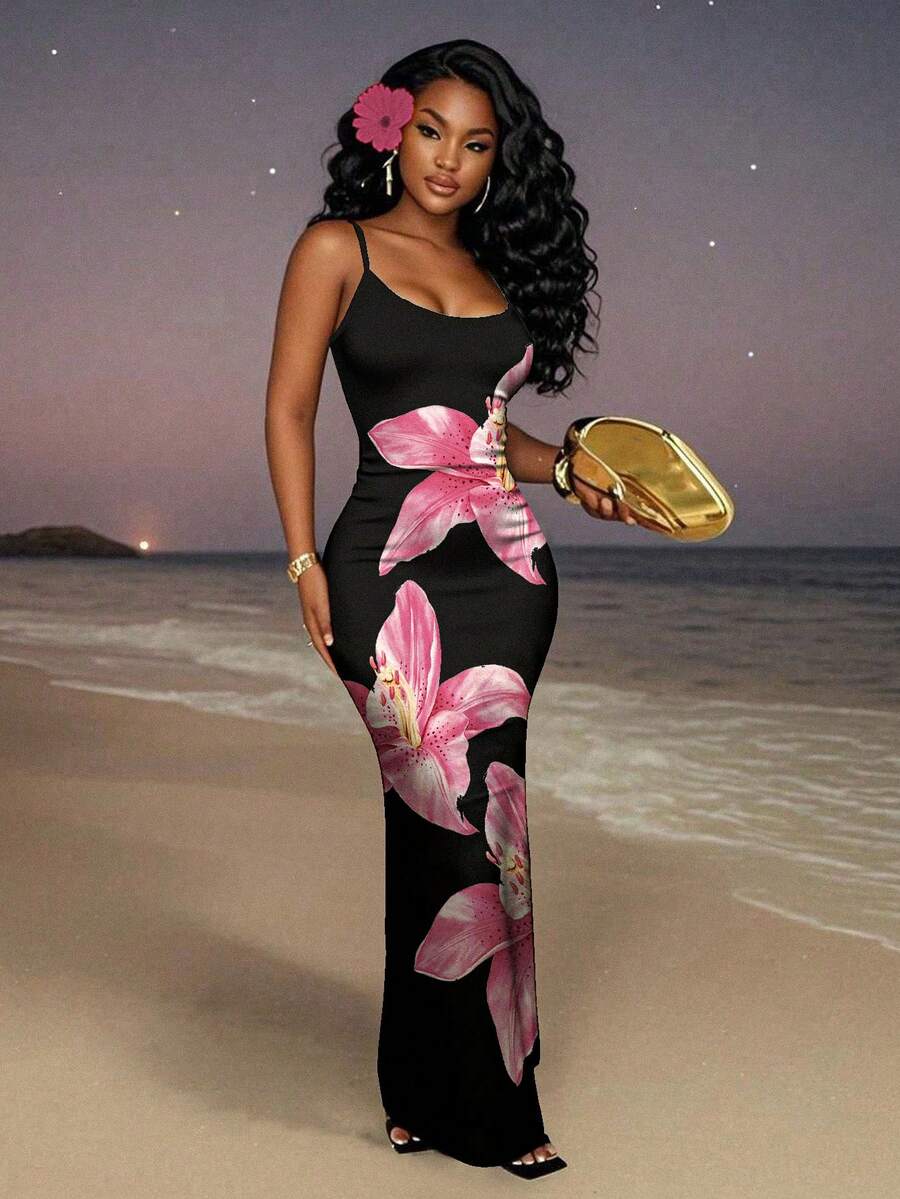 Slaydiva 2025/Summer Outfits For Women/Fall Women Clothes/Summer Dresses For Women/Elegant Dresses For Women/Wedding Guest Dress Women/Vacation Outfits Woman/Going Out/Classy Outfits For Women/Floral Graphic Casual Minimalist Sleeveless Dress Chic Dress