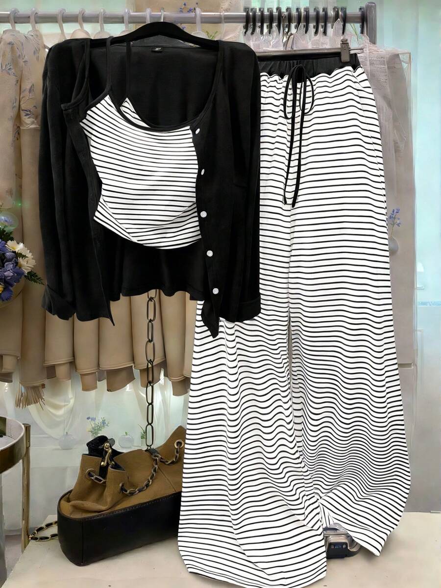 GlowEve CURVE Plus Size Solid Color Knit Cardigan, Front Button Closure, Striped Fitted Drawstring Decor, Elegant Casual Commute Outerwear